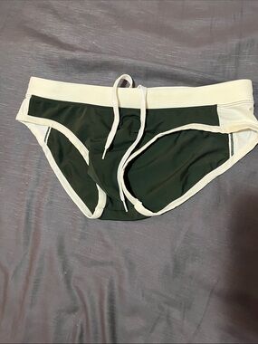 Men's Dark Green Swim Briefs with White Trim and Drawstring